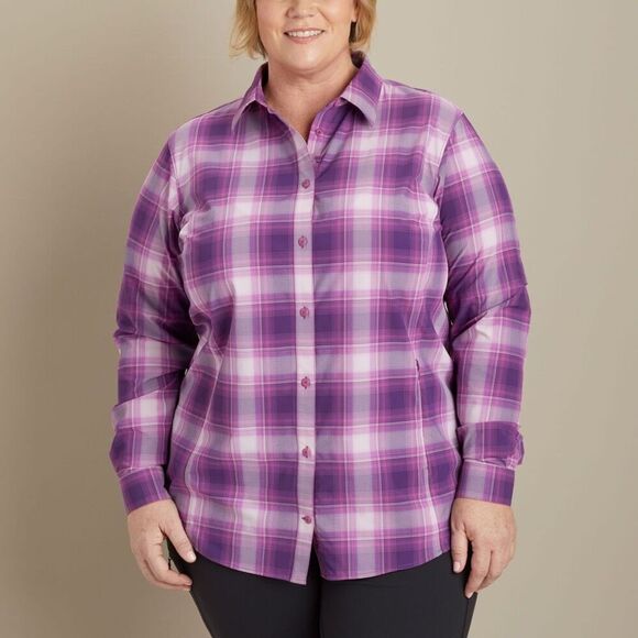 Duluth Trading Co Sidewinder Gardening Shirt Womens 1X Purple Plaid Vented UPF - Picture 2 of 12